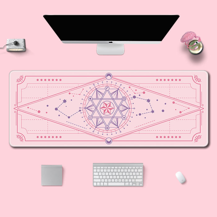 Stars Gaming Desk Mat, Durable, Vibrant: light pink, dark pink celestial/magical geometric theme, kawaii, celestial, fantasy