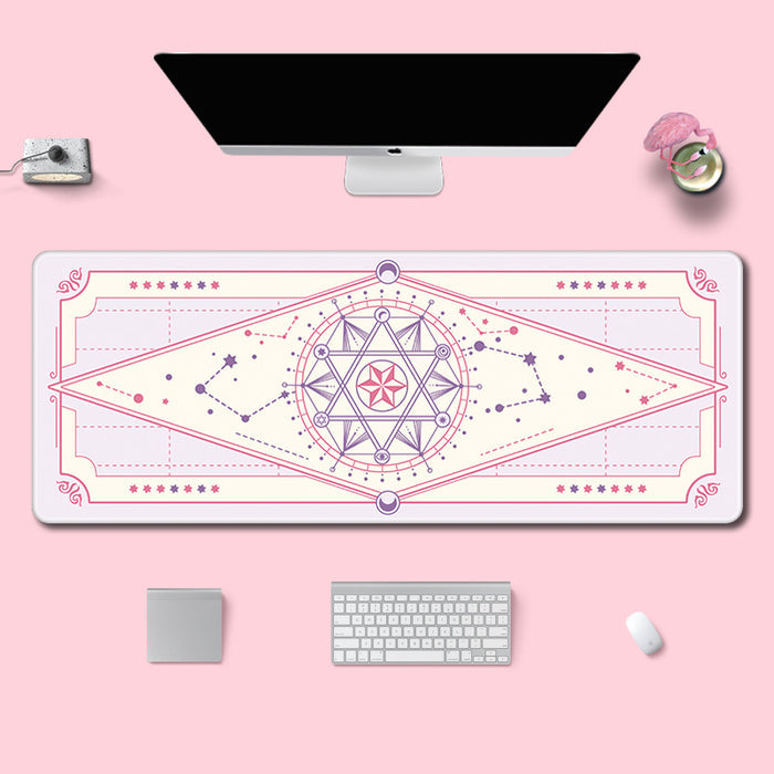 Stars Gaming Desk Mat, Durable, Vibrant: light pink, dark pink celestial/magical geometric theme, kawaii, celestial, fantasy