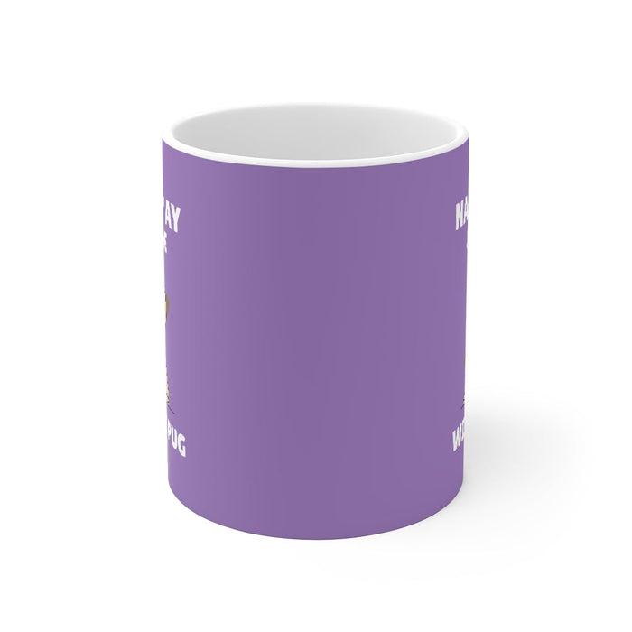 Stay Home with My Pug Coffee Cup: purple, white pug dog, cartoon style