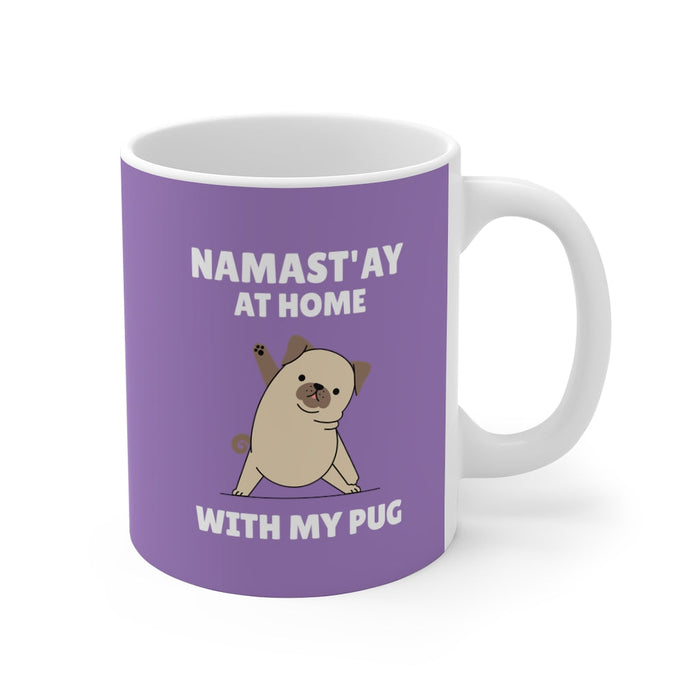 Stay Home with My Pug Coffee Cup: purple, white pug dog, cartoon style