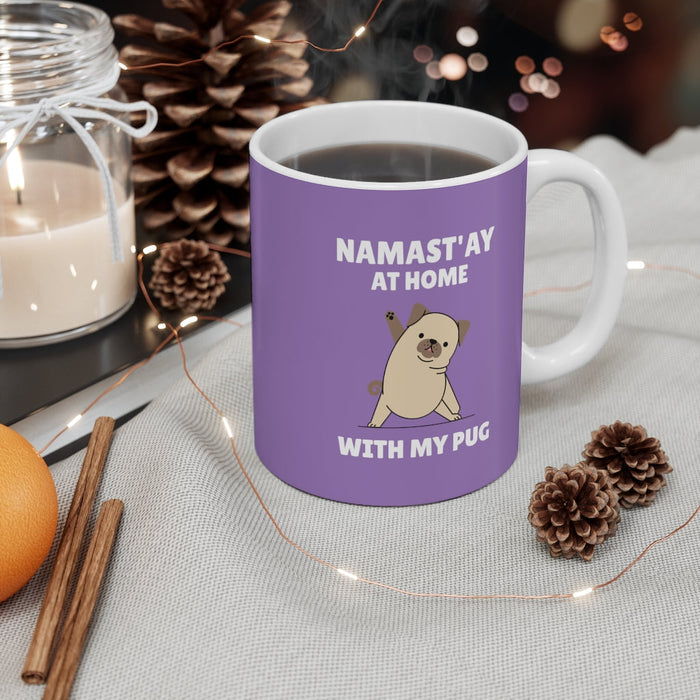 Stay Home with My Pug Coffee Cup: purple, white pug dog, cartoon style