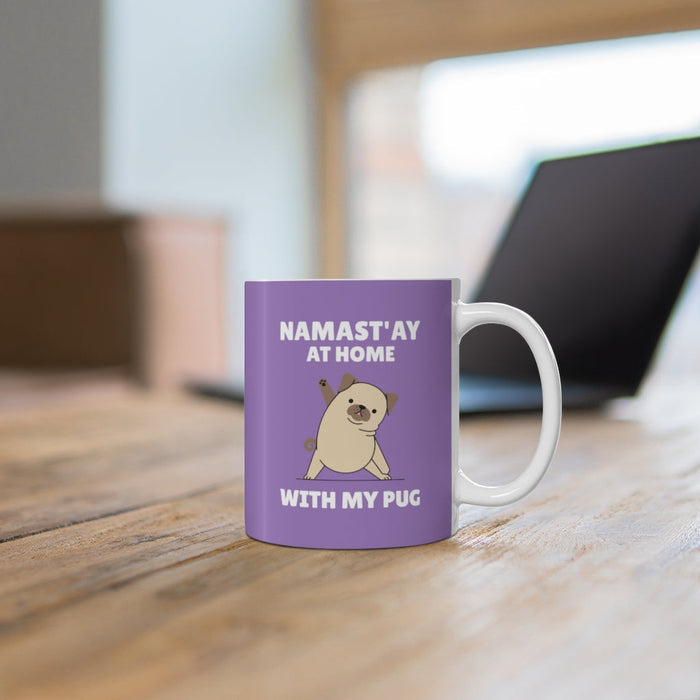 Stay Home with My Pug Coffee Cup: purple, white pug dog, cartoon style