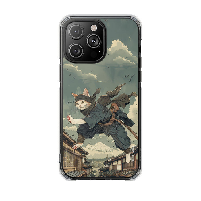 Stealthy Magnetic Clear Case for iPhone Series with Ninja Feline Design: dark green, gray cat ninja character, detailed carto