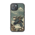 Stealthy Magnetic Clear Case for iPhone Series with Ninja Feline Design: dark green, gray cat ninja character, detailed carto