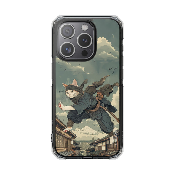 Stealthy Magnetic Clear Case for iPhone Series with Ninja Feline Design: dark green, gray cat ninja character, detailed carto