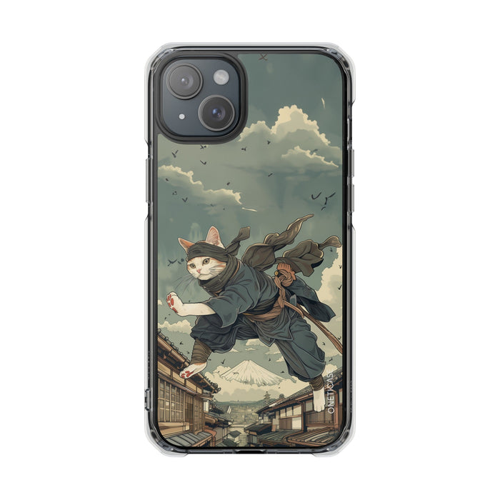 Stealthy Magnetic Clear Case for iPhone Series with Ninja Feline Design: dark green, gray cat ninja character, detailed carto