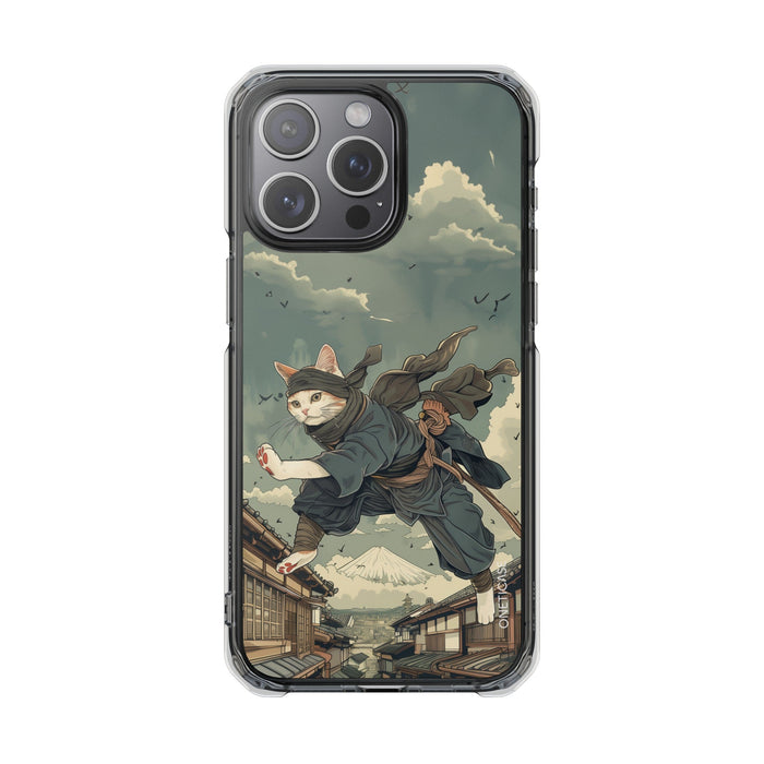 Stealthy Magnetic Clear Case for iPhone Series with Ninja Feline Design: dark green, gray cat ninja character, detailed carto