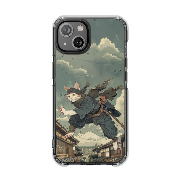Stealthy Magnetic Clear Case for iPhone Series with Ninja Feline Design: dark green, gray cat ninja character, detailed carto