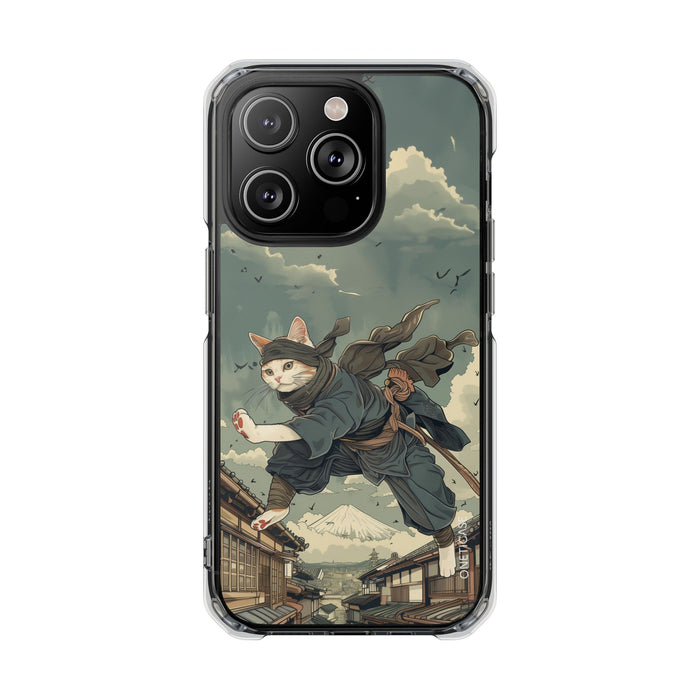 Stealthy Magnetic Clear Case for iPhone Series with Ninja Feline Design: dark green, gray cat ninja character, detailed carto