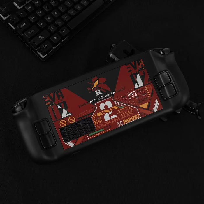 Steam Deck Cover: Stylish and Protective: black, red Evangelion-themed graphic design, anime-inspired, futuristic style
