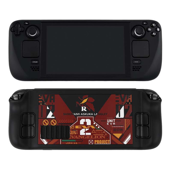 Steam Deck Cover: Stylish and Protective: black, red Evangelion-themed graphic design, anime-inspired, futuristic style