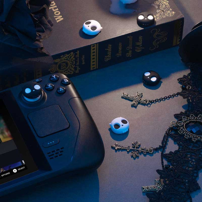 Steam Deck Joystick Caps with Designs: black, white cartoon skulls, cartoon, spooky, kawaii style