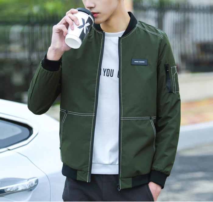 Stitched Designs Men's Bomber Jacket: dark olive green, black zip-front bomber jacket, minimal casual streetwear style