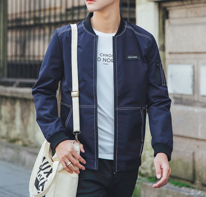 Stitched Designs Men's Bomber Jacket: dark olive green, black zip-front bomber jacket, minimal casual streetwear style