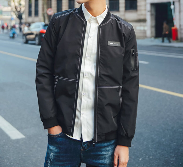 Stitched Designs Men's Bomber Jacket: dark olive green, black zip-front bomber jacket, minimal casual streetwear style