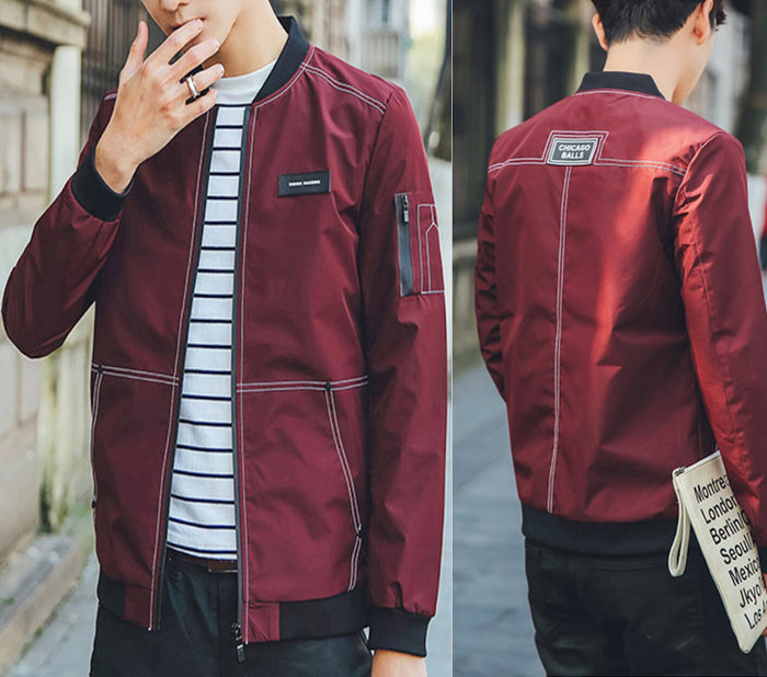 Stitched Designs Men's Bomber Jacket: dark olive green, black zip-front bomber jacket, minimal casual streetwear style