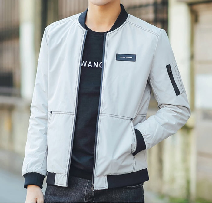 Stitched Designs Men's Bomber Jacket: dark olive green, black zip-front bomber jacket, minimal casual streetwear style