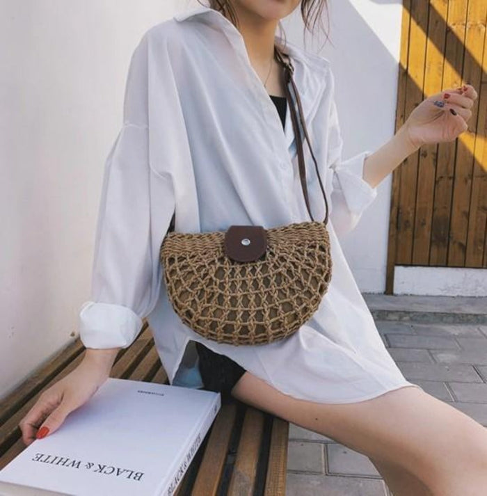 Straw Crossbody Bag with a Half Moon Design: natural tan brown, dark brown crossbody bag, boho casual style
