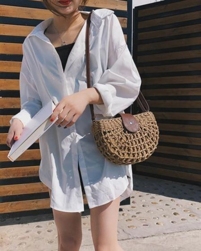Straw Crossbody Bag with a Half Moon Design: natural tan brown, dark brown crossbody bag, boho casual style