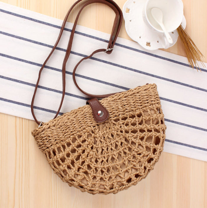 Straw Crossbody Bag with a Half Moon Design: natural tan brown, dark brown crossbody bag, boho casual style