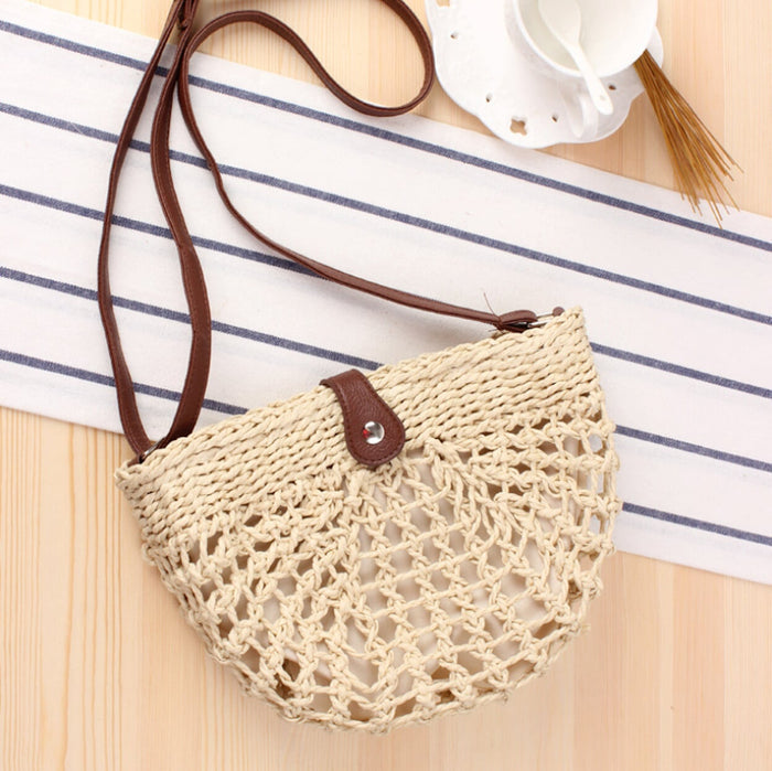 Straw Crossbody Bag with a Half Moon Design: natural tan brown, dark brown crossbody bag, boho casual style