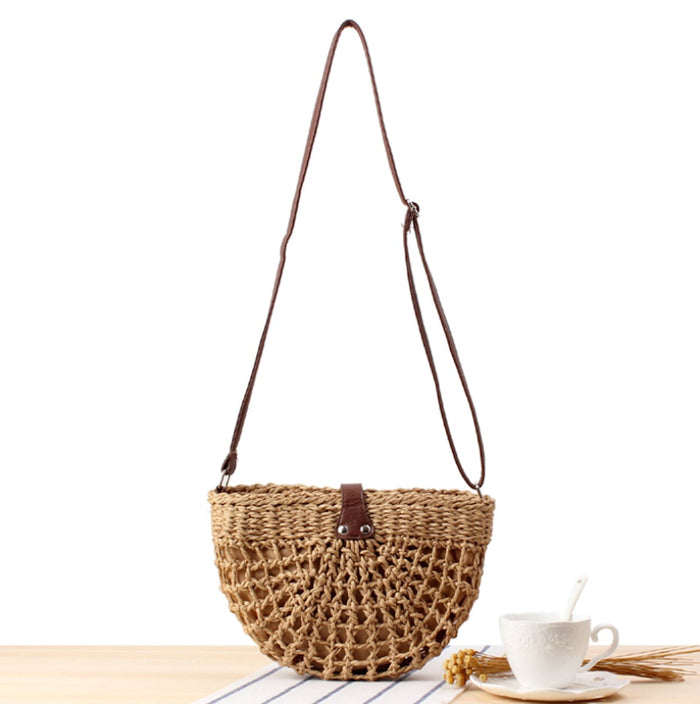 Straw Crossbody Bag with a Half Moon Design: natural tan brown, dark brown crossbody bag, boho casual style