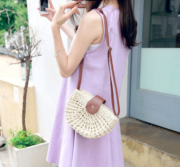 Straw Crossbody Bag with a Half Moon Design: natural tan brown, dark brown crossbody bag, boho casual style