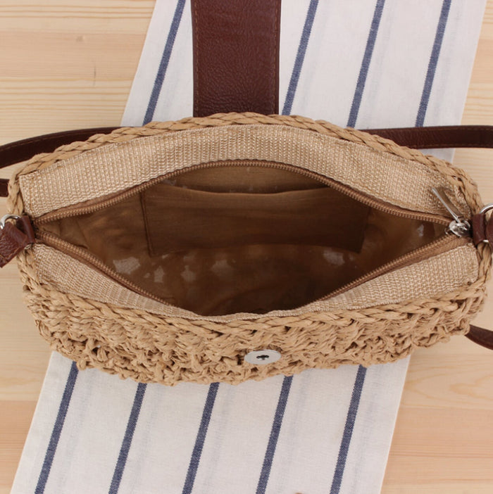 Straw Crossbody Bag with a Half Moon Design: natural tan brown, dark brown crossbody bag, boho casual style