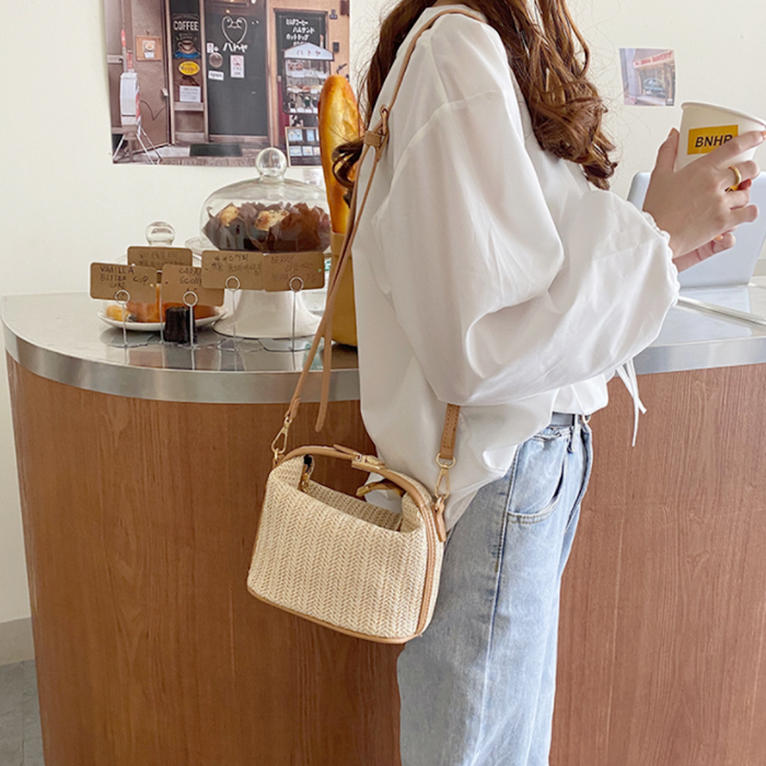 Straw Purse for Women's Summer Fashion: white blouse/top, minimal style