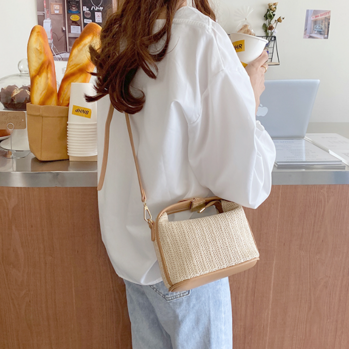 Straw Purse for Women's Summer Fashion: white blouse/top, minimal style