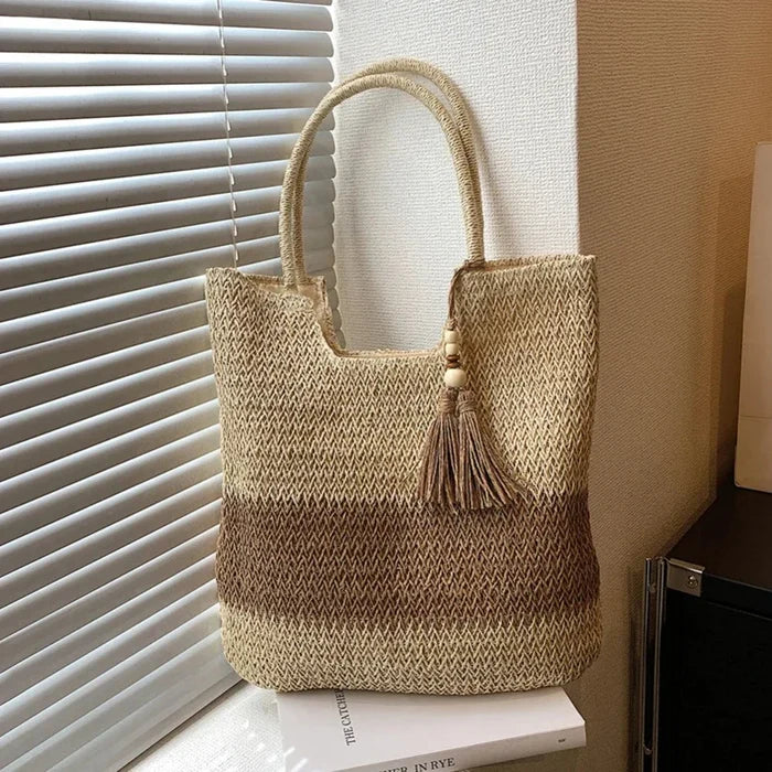 Straw Tote Bag for a Stylish Day at the Beach: beige, tan tote handbag, boho style