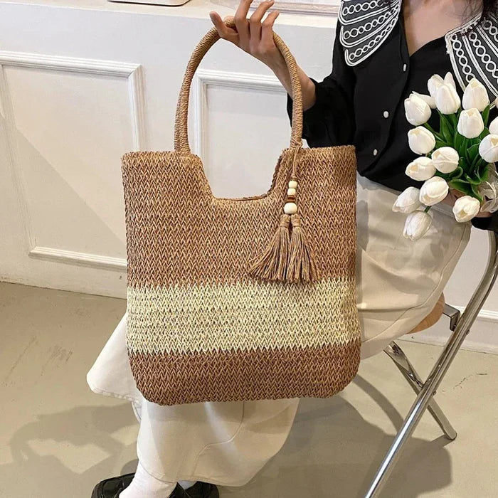 Straw Tote Bag for a Stylish Day at the Beach: beige, tan tote handbag, boho style