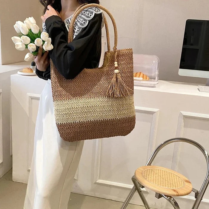 Straw Tote Bag for a Stylish Day at the Beach: beige, tan tote handbag, boho style