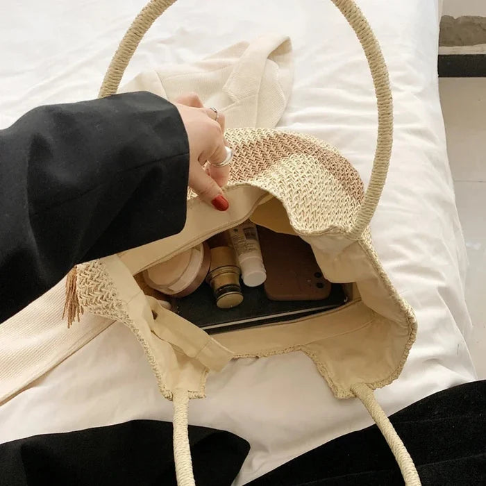 Straw Tote Bag for a Stylish Day at the Beach: beige, tan tote handbag, boho style