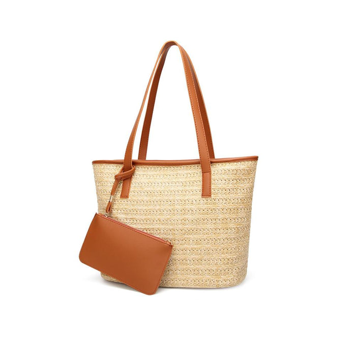 Straw Tote with Faux Leather Accents: natural beige, brown tote bag with attached pouch, minimal casual style