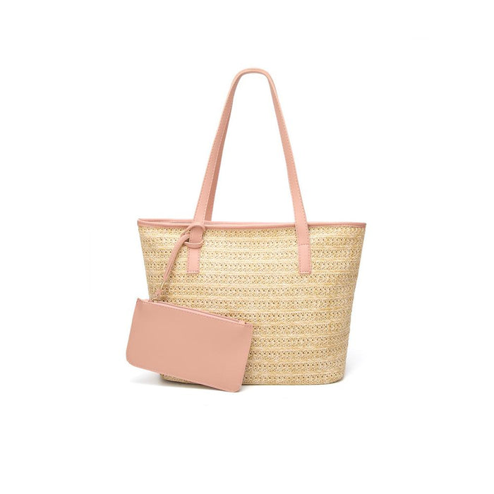 Straw Tote with Faux Leather Accents: natural beige, brown tote bag with attached pouch, minimal casual style