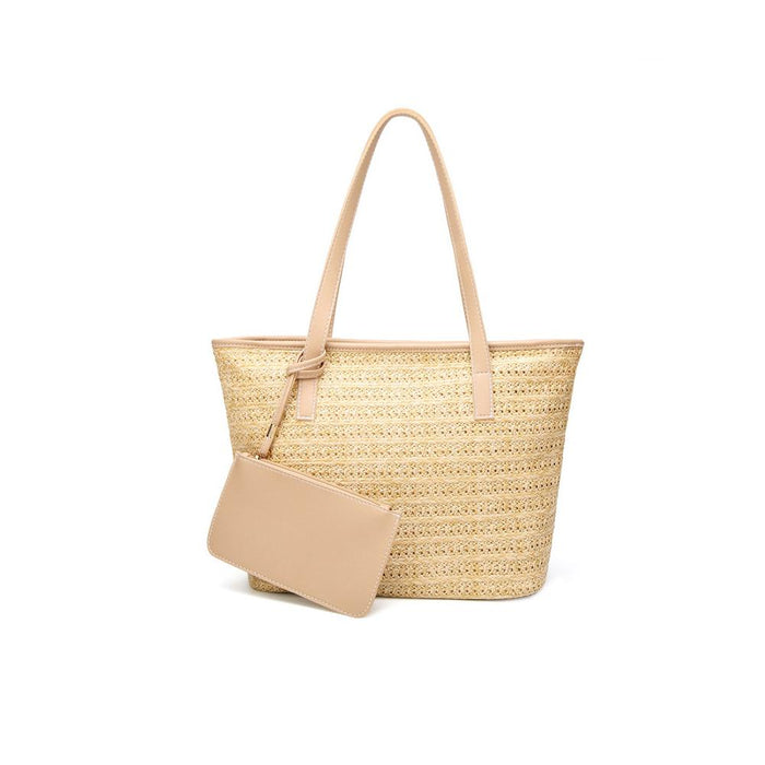 Straw Tote with Faux Leather Accents: natural beige, brown tote bag with attached pouch, minimal casual style
