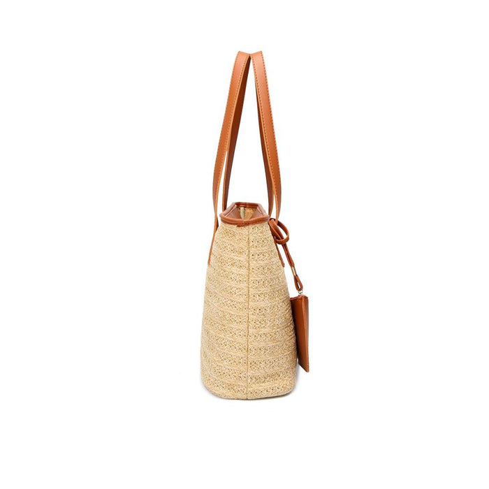 Straw Tote with Faux Leather Accents: natural beige, brown tote bag with attached pouch, minimal casual style
