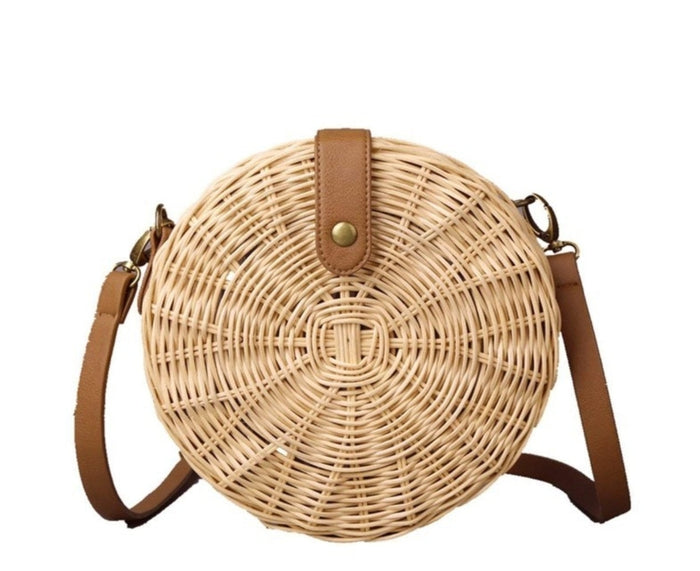 Straw Woven Circular Crossbody Purse: natural tan, brown round shoulder bag, bohemian style