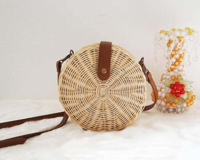Straw Woven Circular Crossbody Purse: natural tan, brown round shoulder bag, bohemian style