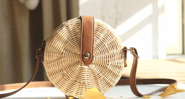 Straw Woven Circular Crossbody Purse: natural tan, brown round shoulder bag, bohemian style