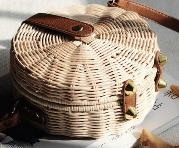 Straw Woven Circular Crossbody Purse: natural tan, brown round shoulder bag, bohemian style
