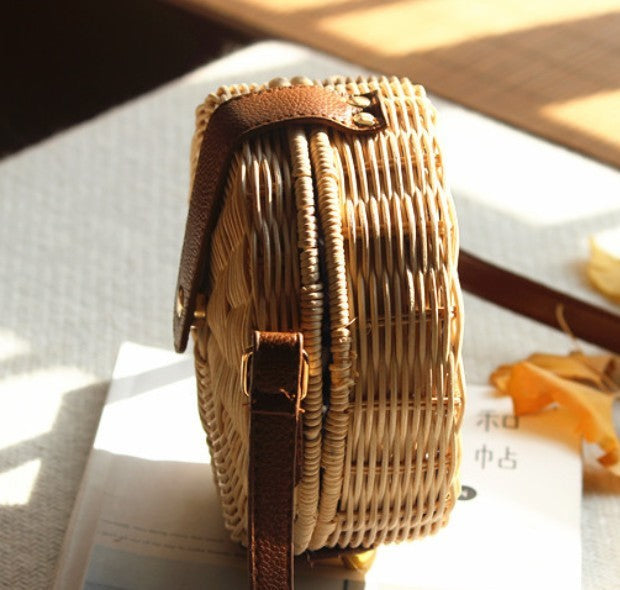 Straw Woven Circular Crossbody Purse: natural tan, brown round shoulder bag, bohemian style