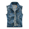 Street Style Denim Vest for Men: blue, gray sleeveless denim vest, casual distressed style