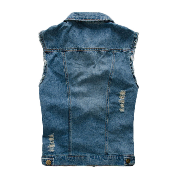 Street Style Denim Vest for Men: blue, gray sleeveless denim vest, casual distressed style