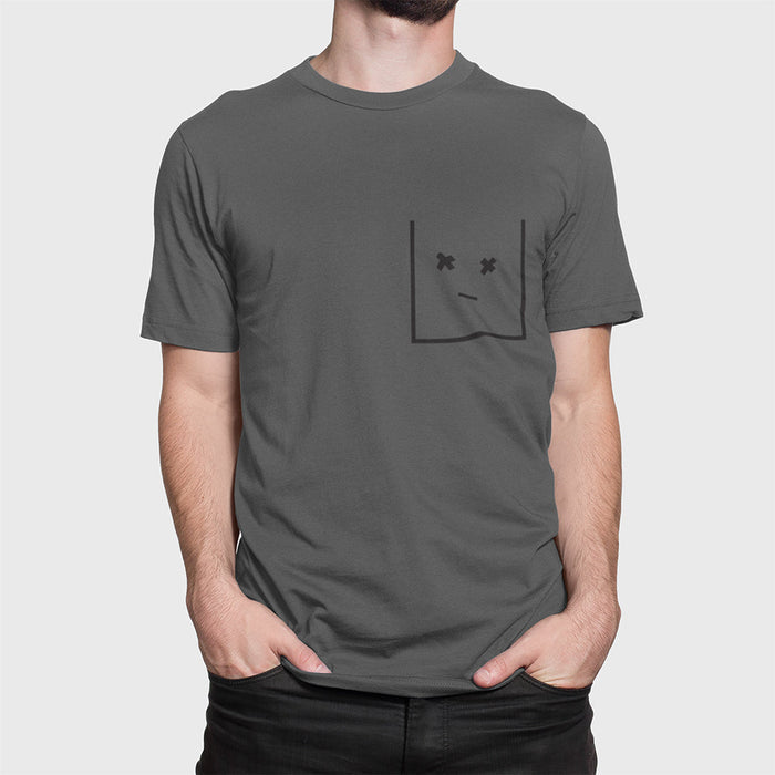 Streetwear T-Shirt for Men with Faux Pockets: dark gray, black simple face graphic, minimal style