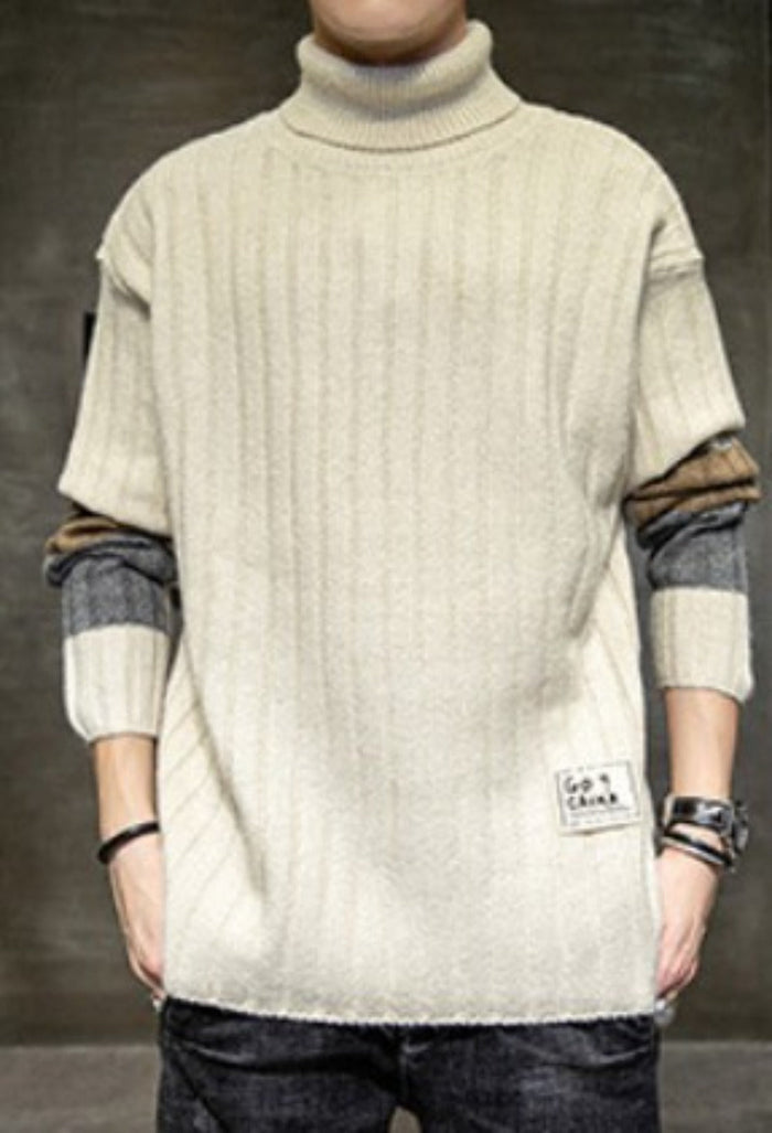 Stripe Sleeve Men's Turtleneck Sweater for Casual Wear: cream, gray sweater vest, casual layered streetwear style