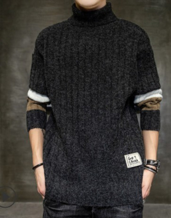 Stripe Sleeve Men's Turtleneck Sweater for Casual Wear: cream, gray sweater vest, casual layered streetwear style