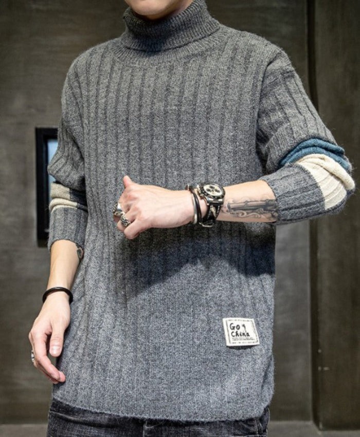Stripe Sleeve Men's Turtleneck Sweater for Casual Wear: cream, gray sweater vest, casual layered streetwear style