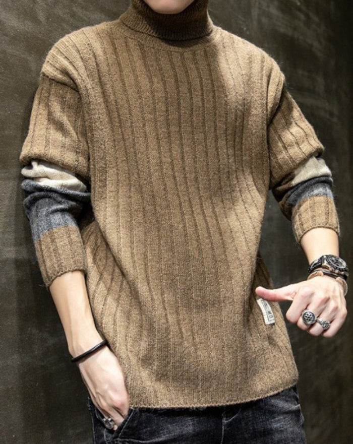 Stripe Sleeve Men's Turtleneck Sweater for Casual Wear: cream, gray sweater vest, casual layered streetwear style